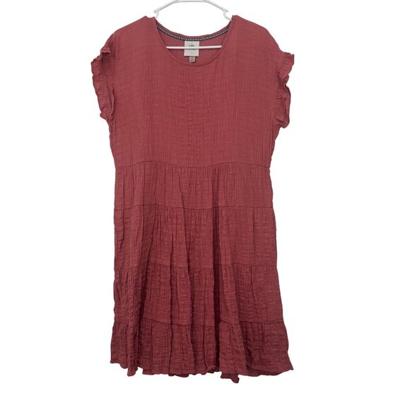 Knox Rose Women SZ M Ruffle Short Sleeve Tiered Mini Dress Rust Pink Rayon Blend - Picture 2 of 12